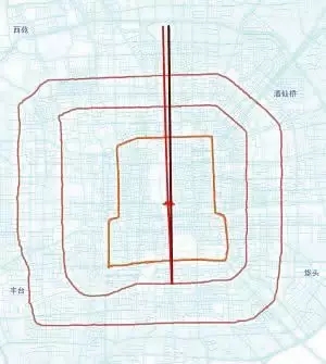北京中轴线(红线)与子午线(黑线)的偏差示意图(翟智高制图)